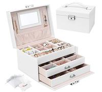 Casiwaft Boîte à Bijoux, Coffret à Bijoux avec Miroir et 2 Tiroirs, Rangement Bijoux Coffret Bijoux Verrouillable de Voyage à 3 Couches, Organisateur de Bijoux pour Colliers, Bagues, Blanc