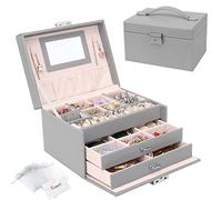 Casiwaft Boîte à Bijoux, Coffret à Bijoux avec Miroir et 2 Tiroirs, Rangement Bijoux Coffret Bijoux Verrouillable de Voyage à 3 Couches, Organisateur de Bijoux pour Colliers, Bagues, Gris