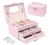 Casiwaft Boîte à Bijoux, Coffret à Bijoux avec Miroir et 2 Tiroirs, Rangement Bijoux Coffret Bijoux Verrouillable de Voyage à 3 Couches, Organisateur de Bijoux pour Colliers, Bagues, Rose