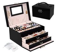 Casiwaft Boîte à Bijoux, Coffret à Bijoux avec Miroir et 2 Tiroirs, Rangement Bijoux Coffret Bijoux Verrouillable de Voyage à 3 Couches, Organisateur de Bijoux pour Colliers, Bagues, Noir