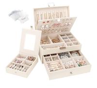 Casiwaft Boîte à Bijoux en Cuir avec Tiroir, Coffret à Bijoux 2 Couches Grande Capacité avec Boîte de Voyage Portable, Rangement Bijoux pour Bagues, Colliers, Bracelets, Beige