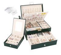 Casiwaft Boîte à Bijoux en Cuir avec Tiroir, Coffret à Bijoux 2 Couches Grande Capacité avec Boîte de Voyage Portable, Rangement Bijoux pour Bagues, Colliers, Bracelets, Vert foncé