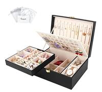 Casiwaft Boîte à bijoux en Cuir, Coffret à Bijoux 2 Couches Grande Capacité avec oreiller de montre, Rangement Bijoux avec Plateau amovible pour Bagues, Boucles d'oreilles, Colliers, Bracelets, Noir