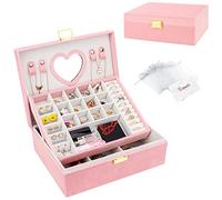 Casiwaft Boîte à Bijoux en Velours, Coffret à Bijoux Rayée avec Miroir, Rangement Bijoux de Voyage à 2 Couches, Grand Organisateur de Bijoux pour Bagues, Bracelets, Colliers, Rose