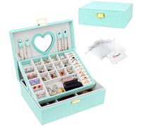 Casiwaft Boîte à Bijoux en Velours, Coffret à Bijoux Rayée avec Miroir, Rangement Bijoux de Voyage à 2 Couches, Grand Organisateur de Bijoux pour Bagues, Bracelets, Colliers, Vert menthe