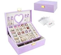 Casiwaft Boîte à Bijoux en Velours, Coffret à Bijoux Rayée avec Miroir, Rangement Bijoux de Voyage à 2 Couches, Grand Organisateur de Bijoux pour Bagues, Bracelets, Colliers, Violet