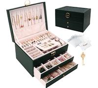 Casiwaft Boîte à bijoux, Organisateur de bijoux avec 2 tiroirs, Boîte de rangement de bijoux en cuir à 3 couches avec serrure, Coffret à Bijoux pour collier, d'oreille, bracelet, Vert foncé