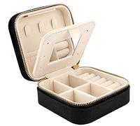 Casiwaft Mini coffret à bijoux de voyage en velours avec miroir, Boîte à bijoux de voyage pour filles et femmes, Petit organisateur de bijoux pour bagues, boucles d'oreilles, colliers, Noir
