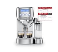 CASO Espresso Gourmet Latte - Jugement test très bien, machine à café avec réservoir à lait intégré, pompe ULKA 20 bar, plaque chauffante pour tasses, 1 ou 2 tasses, argent, acier inoxydable