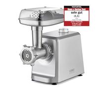 CASO Hachoir à viande FW 2500 argenté, avec moteur puissant de 2500 W, lame en titane durable, fonction de retour, nombreux accessoires avec presse à hamburger, moteur CC silencieux
