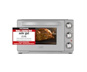 CASO TO 26 SilverStyle Four design, chambre de cuisson 26 l, 3 niveaux d'insertion, 70-230 °C, avec pierre à pizza, 5 fonctions : air chaud, tournebroche avec moteur, vainqueur du test dans la maison