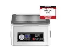CASO VacuChef 50 1416 Machine à emballer sous vide en acier inoxydable, 70 l/min, 4 volumes de chambre, double soudure (2 mm chacune), fonction marinade, avec 30 sacs à bord scellé, joint de rechange
