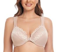 CASOLACE Femme avec Armature Grande Taille Dentelle Fermeture Devant Soutien-Gorge Beige 105E