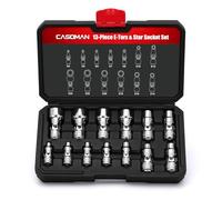 CASOMAN Lot de 13 douilles extérieures universelles 1/4" et 3/8", E4 à E24, CR-V, tête pivotante, accès à 360 degrés, avec boîtier moulé robuste