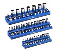CASOMAN Organiseur de douilles magnétique, kit de 3 supports de douilles, 1/2", 3/8", 1/4", peut contenir 75 douilles métriques, couleur bleue, organisateur d'outils de qualité professionnelle,