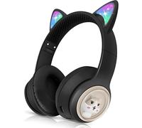 Casque Audio Enfant Bluetooth, 85dB Casque sans Fil pour Enfant, Pliable Supra-Auriculaires Écouteurs sans Fil et Filaire avec LED Oreille de Chat et Micro pour Garçon/Fille/Tablette/PC-Noir