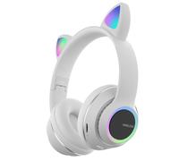 Casque Bluetooth Oreille de Chat Mignon Casque de Musique HiFi Pliable Prend en Charge la Carte TF FM avec Micro,Blanc
