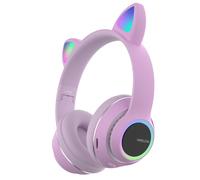 Casque Bluetooth Oreille de Chat Mignon Casque de Musique HiFi Pliable Prend en Charge la Carte TF FM avec Micro,Violet