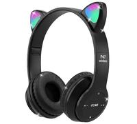 Casque Bluetooth Pliable, Megadream Casque Cat Pliable avec LED Flash Lumières Glow pour Enfants 8+, 3.5mm Jack, SD Carte Slot pour PC, Tablette, Smart Phone (Noir)