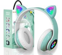Casque Bluetooth pour Enfants sans Fil,Casque Cat Pliable avec LED Flash Lumières Glow, Enfants Bluetooth 5.0 avec Microphone et Contrôle du Volume, Carte Slot pour PC/Tablettes/TV (Green)