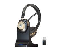 Casque Bluetooth sans fil avec microphone, casque supra-auriculaire avec micro antibruit/mute/station de charge/dongle USB, 45 heures, téléphones portables, équipes Skype Zoom