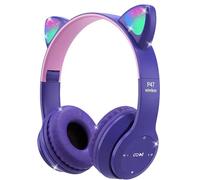 Casque Bluetooth sans fil pour enfants, casque pour enfants avec oreilles de chat et lumières LED, compatible carte TF / écouteurs filaires pliables, cadeau pour filles à partir de 7 ans (violet)