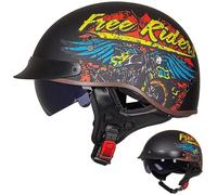 Casque Bol Homologué ECE Jet Brain Cap Demi-Casque Moto Vintage Brain Demi-Coque RéTro Ouvert Visière IntéGrée Cruiser Chopper Scooter Cyclomoteur,E-L=（59~60cm）