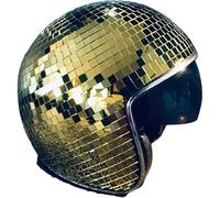 Casque de boule Disco avec visière rétractable, Source de lumière externe LED, casque de fête en carrelage miroir fait à la main(Gold)