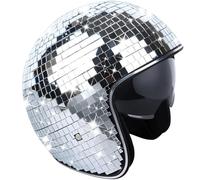 Casque de boule Disco avec visière rétractable, Source de lumière externe LED, casque de fête en carrelage miroir fait à la main(Silver)