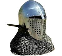 Casque de chevalier armure médiévale - Bascinet prêt à la bataille avec détails en cotte de mailles pour cosplay SCA LARP Combat Knight