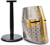 Casque de croisade en laiton | Casque de chevalier médiéval en métal | Qualité supérieure avec doublure en cuir ajustée | Casque de croisades sombres portable pour adulte