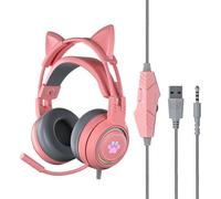 Casque de jeu à oreille de chat rose pour filles, écouteurs filaires pour téléphone, avec micro stéréo, basses, LED rvb, casque PC, cadeau pour PS5