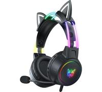 Casque de jeu avec oreilles de chat avec microphone, casque léger de 3,5 mm avec cadre en aluminium RVB, son surround, compatible avec PS4, PS5, Xbox One, adaptateur non inclus, noir