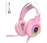 Casque de Jeu, Casque de Jeu Filaire stéréo 3,5 mm avec rétroéclairage Arc-en-Ciel RVB, Son Surround de Casque Professionnel et Microphone à réduction de Bruit, pour PS4 / Xbox One/Mac/PC (Rose)