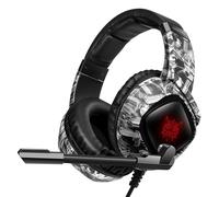 Casque de Jeu Casque Stéréo USB 3.5mm Casque Over-Head Annulation de Bruit Confortable Lumières LED écouteurs avec Micro Réglable,Camouflage Gris