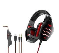 Casque de jeu filaire E-Sports avec microphone LED Casque stéréo entouré HiFi pour PC portable, noir et rouge