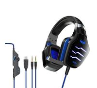 Casque de jeu filaire E-Sports avec microphone LED Casque stéréo entouré HiFi pour PC portable, noir et bleu
