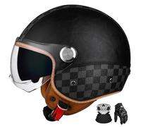 Casque De Moto 3/4, Casque Jet Classique avec Double VisièRe Et Cuir VéRitable, Homologué Ece, Convient Aux Scooters, Cruisers Et Cyclomoteurs. F,L:57-60CM