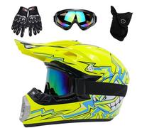 Casque de Moto, Casque de Motocross Pour Jeunes Enfants, Homologué DOT, Casque de Course Universel Quatre Saisons Avec Gants, Lunettes, Masque, Ensemble de 4 PièCes(126 Yellow Moon,M(54-55cm))