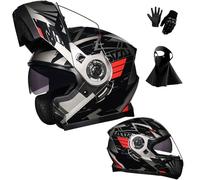 Casque de Moto IntéGral Modulable à Double VisièRe Relevable, Homologué Dot, avec Masque Et Gants pour Adultes Hommes Et Femmes(F18,2XL(61-62cm))