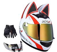 Casque De Moto Pour Femme Casque Intégral Oreille De Chat Casque De Moto Intégral Homologué ECE Casque De Protection Quatre Saisons Avec Visière Pour Course De Vélo De Rue D, XL=60-62CM