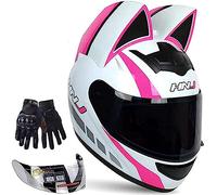 Casque De Moto Pour Femme Casque Intégral Oreille De Chat Casque De Moto Intégral Homologué ECE Casque De Protection Quatre Saisons Avec Visière Pour Course De Vélo De Rue E, M=54-56CM