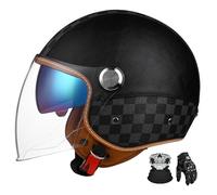 Casque De Moto RéTro 3/4, Casque Jet Classique Adulte en Cuir VéRitable, Double éCran, Doublure Amovible, Homologué Ece J,XL:60-62CM