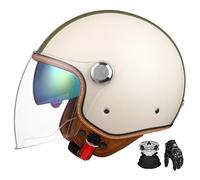 Casque De Moto RéTro 3/4, Casque Jet Classique Adulte en Cuir VéRitable, Double éCran, Doublure Amovible, Homologué Ece B,XL:60-62CM
