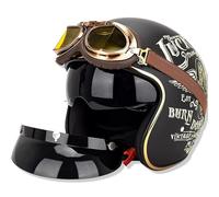 Casque de moto rétro moyen ouvert en cuir avec lunettes d'aviateur Casques Jet Vintage Cruiser Moto Scooter Moyen Casque Jet Style Allemand Dot/ECE Homologué pour Femme Homme Adulte B, L