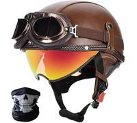 Casque De Moto Style Allemand Homologué ECE 22.06,Demi-Casque Vintage En Cuir Avec Lunettes,Doublure Et Cache-Oreilles Amovibles,Pour Cruiser, Scooter, Chopper Et Cyclomoteur 6,XL/(59~60cm)