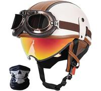 Casque De Moto Style Allemand Homologué ECE 22.06,Demi-Casque Vintage En Cuir Avec Lunettes,Doublure Et Cache-Oreilles Amovibles,Pour Cruiser, Scooter, Chopper Et Cyclomoteur 3,M/(55~56cm)