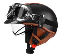 Casque De Moto Vintage Cuir Casque Ouvert avec Lunettes, Casque Moto Jet Vintage Casque Ouverte avec VisièRe Casque Cyclomoteur Casque Scooter Homologué ECE E02, XXL:61-62cm
