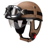 Casque De Moto Vintage Cuir Retro Demi Casque De Moto, Casque Ouvert avec Lunettes, Demi-Casque Vintage Retro avec VisièRe RéTractable, Homologué ECE C02, L(59-60cm)
