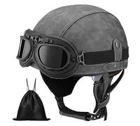 Casque de Moto Vintage Cuir Retro Scooter Open Face Demi-Casque avec Lunettes Certifié ECE pour Homme et Femme Adultes - Sac de Rangement Inclus